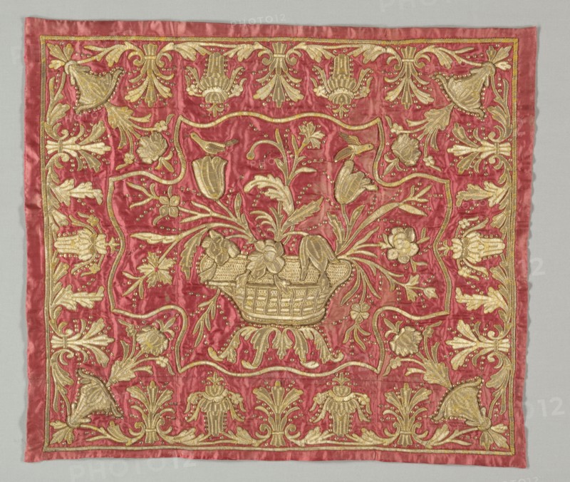 Embroidered Textile, 18th-19th century. Turkey, 18th-19th century. Embroidery: gold filé around silk core laid over cotton, couched at edges in silk, and sequins on silk ground ; average: 47.6 x 55.3 cm (18 3/4 x 21 3/4 in.)
