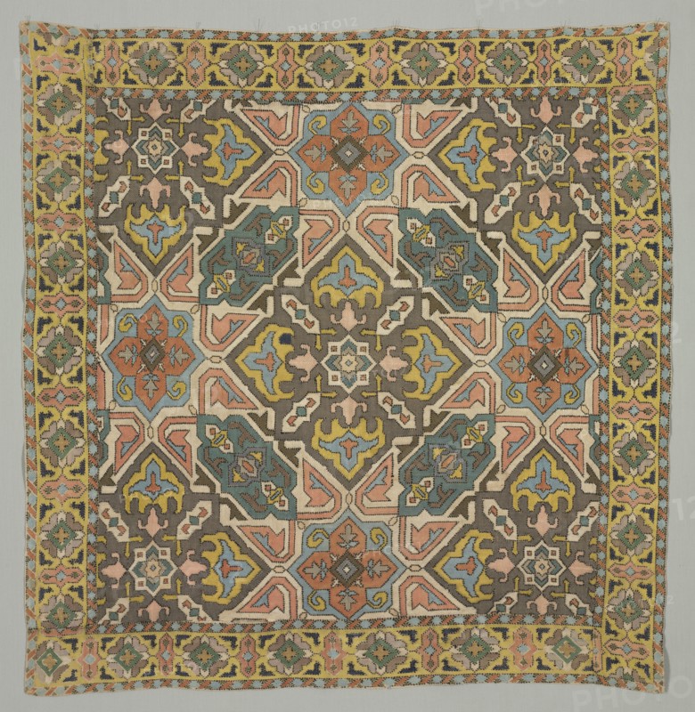 Cover with geometric design, 1800s. Iran, Qajar period. Plain weave: cotton; embroidery, surface darning and running stitch: silk; overall: 100.6 x 101.9 cm (39 5/8 x 40 1/8 in.)