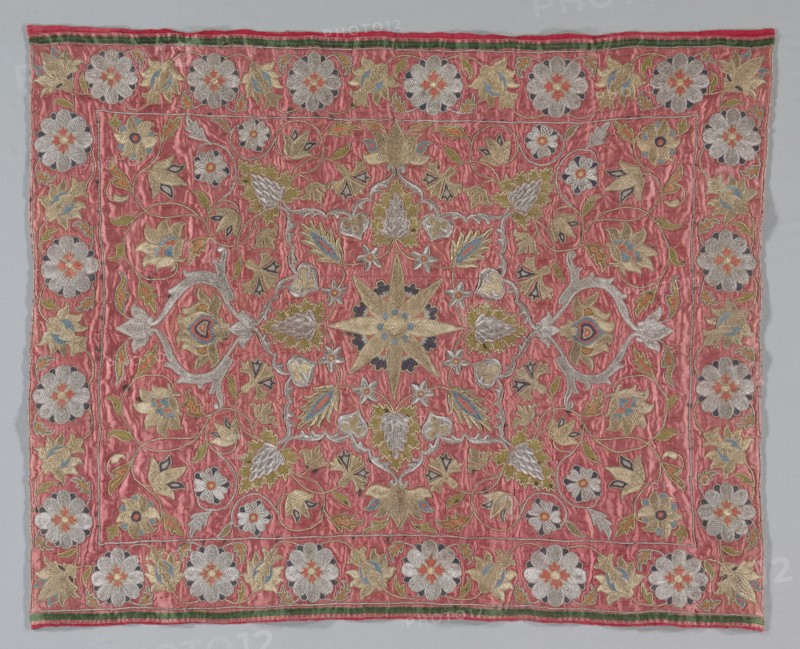 Embroidered Textile, 18th century. Turkey ?, 18th century. Embroidery: silk, and gold and silver filé on silk ground; cotton backing; average: 113.7 x 89.5 cm (44 3/4 x 35 1/4 in.).