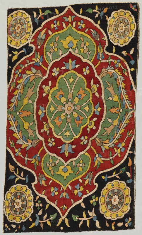 Cushion or Divan Cover, 1600s - 1700s. Azerbaijan, 17th-18th century. Embroidery: silk on cotton tabby ground; overall: 113.4 x 63.6 cm (44 5/8 x 25 1/16 in.).