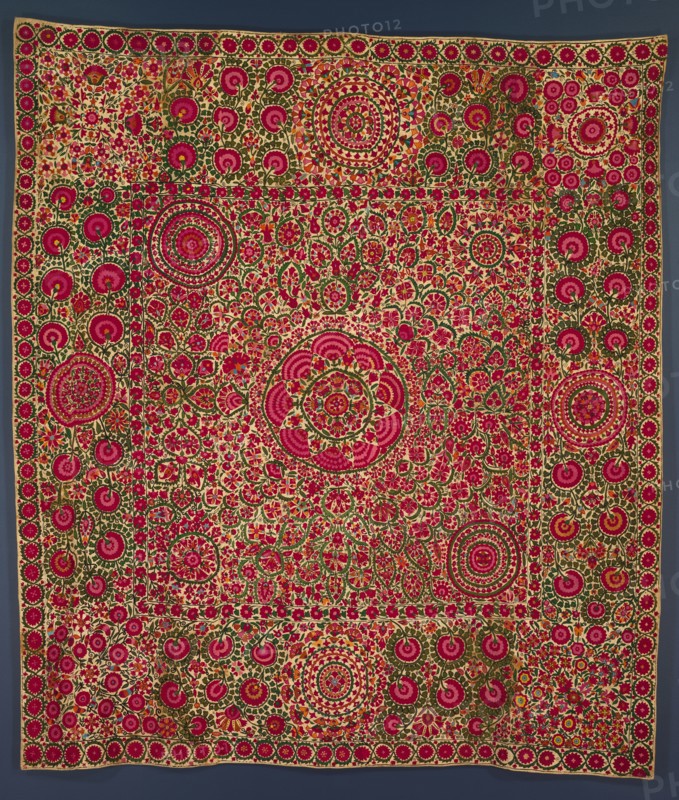 Curtain or bedcover, early 1800s. Tajikistan, Ura Tube. Plain weave: cotton; embroidery: silk; average: 216.5 x 188.6 cm (85 1/4 x 74 1/4 in.)