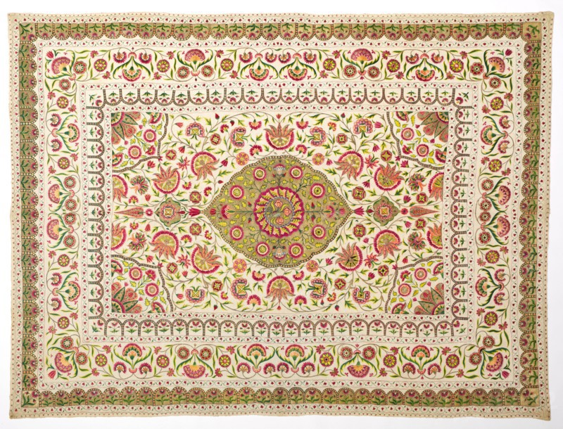Bed cover with floral medallion pattern, late 1600s to early 1700s. India, Deccan. Plain weave, quilted: cotton; embroidery, couched laid work: silk and gilt-metal thread; overall: 251.5 x 330.2 cm (99 x 130 in.)
