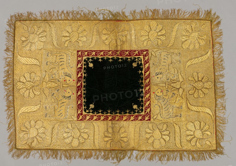 Embroidered Cover, 1800s. India, 19th century. Embroidery: silk, metal, and cotton thread on cotton  ground; silk edging and velvet appliqué; overall: 125 x 88 cm (49 3/16 x 34 5/8 in.)
