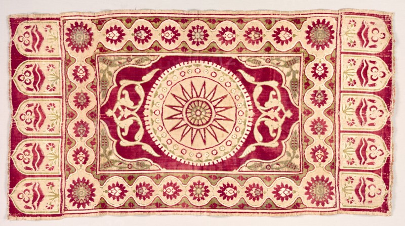 Velvet Divan Cushion, 17th century. Turkey, 17th century. Velvet; silk (formerly on silver ground, which is now worn and darned); average: 119.4 x 64.2 cm (47 x 25 1/4 in.)
