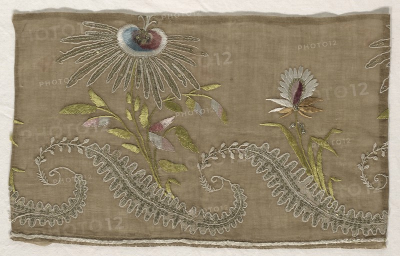 Fragment of Embroidery, 18th century. Spain, Southern, 18th century. Embroidery, silk threads on silk ground, linen appliqué; average: 28 x 43.2 cm (11 x 17 in.)