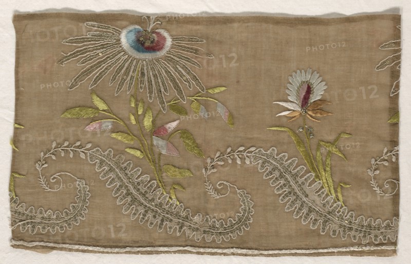 Two Fragments of Embroidery, 18th century. Spain, Southern, 18th century. Embroidery, silk threads on silk ground, linen appliqué; average: 28 x 43.2 cm (11 x 17 in.).