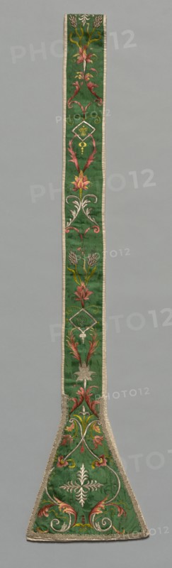 Embroidered Stola, 1700s. Italy, 18th century. Embroidery; silk and silver thread on silk damask ground; overall: 213.3 x 24.8 cm (84 x 9 3/4 in.)