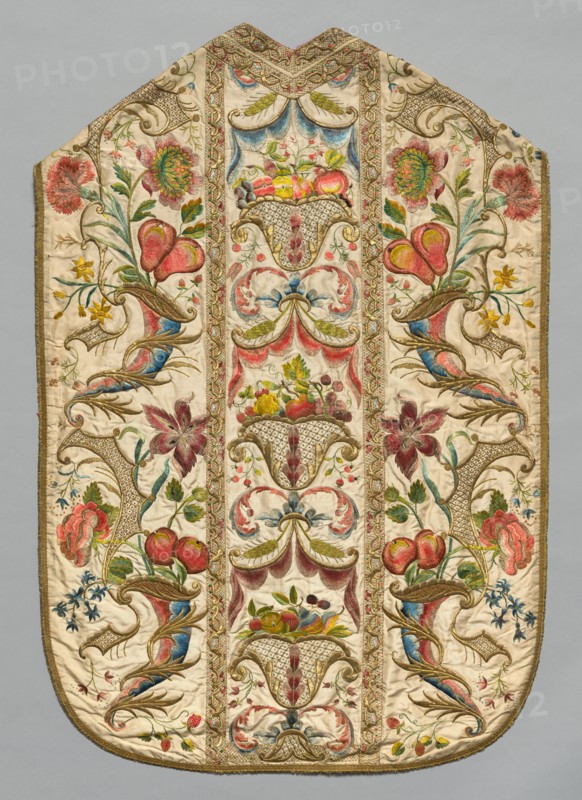 Chasuble, 1700s. Italy or Spain, 18th century. Embroidery; silk and metallic threads; overall: 113.6 x 75.7 cm (44 3/4 x 29 13/16 in.).