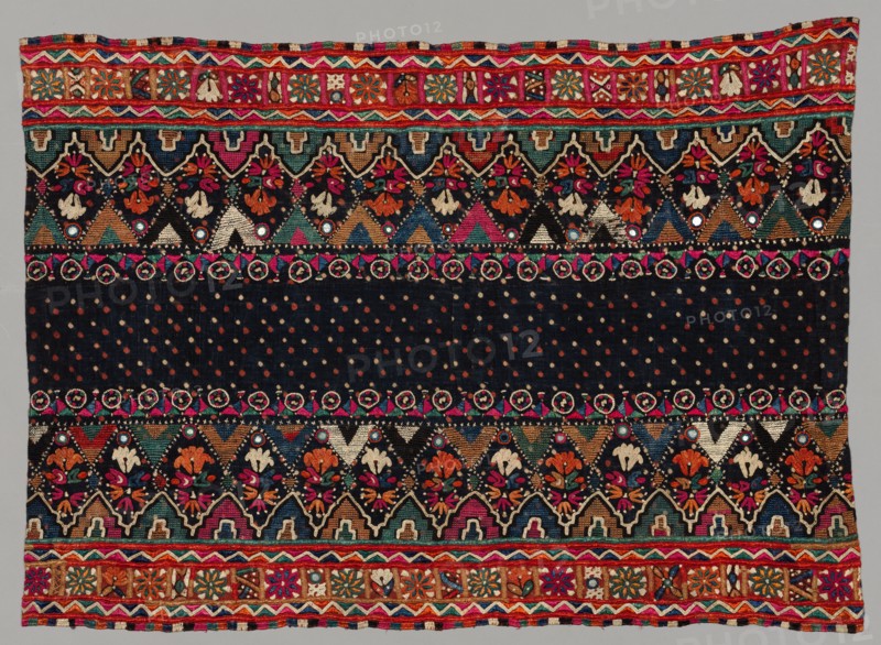Shawl, 1800s. India, Kathiawar, 19th century. Embroidery: silk on cotton tabby ground; overall: 104.1 x 76.2 cm (41 x 30 in.)
