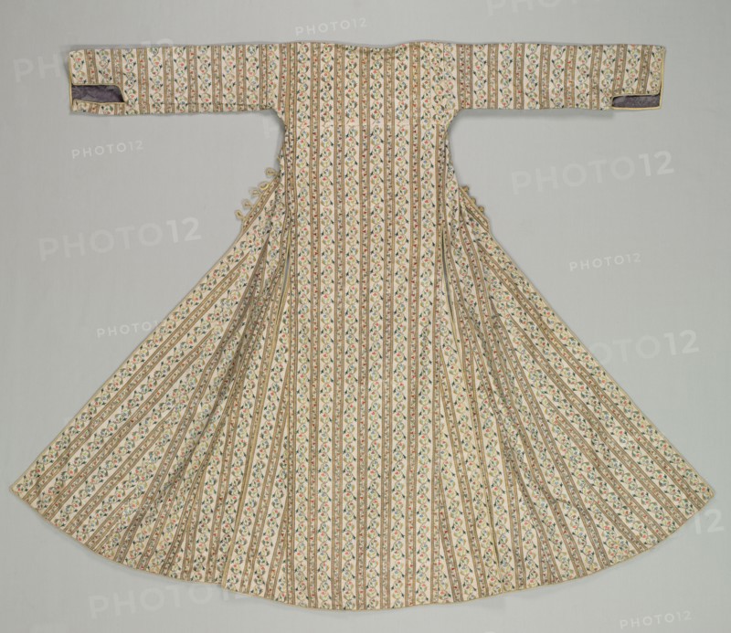 Woman's robe, 1800s. Turkey. Striped fabric; plain weave: silk; embroidery, chain stitch: silk; overall: 149.9 x 157.5 cm (59 x 62 in.).