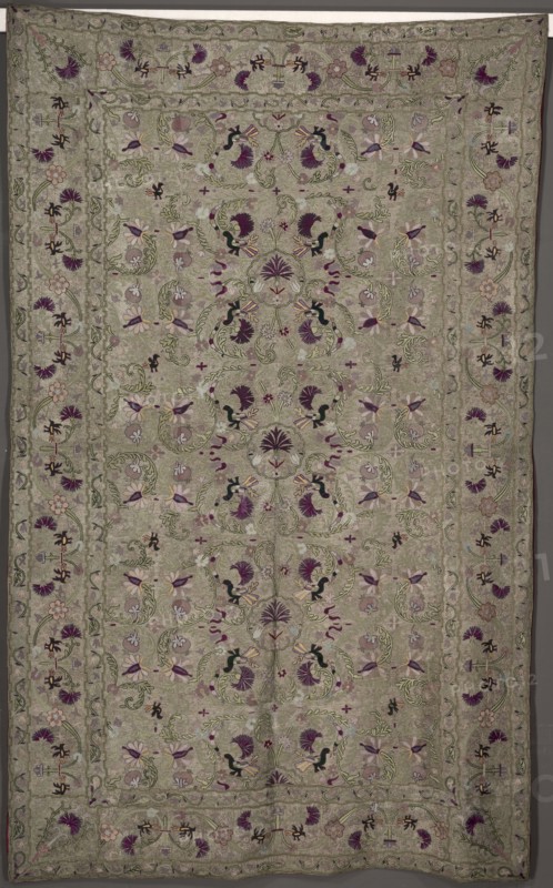 Coverlet, 1800s. India, 19th century. Embroidery; silk and gold filé on linen; overall: 289.6 x 182.3 cm (114 x 71 3/4 in.).
