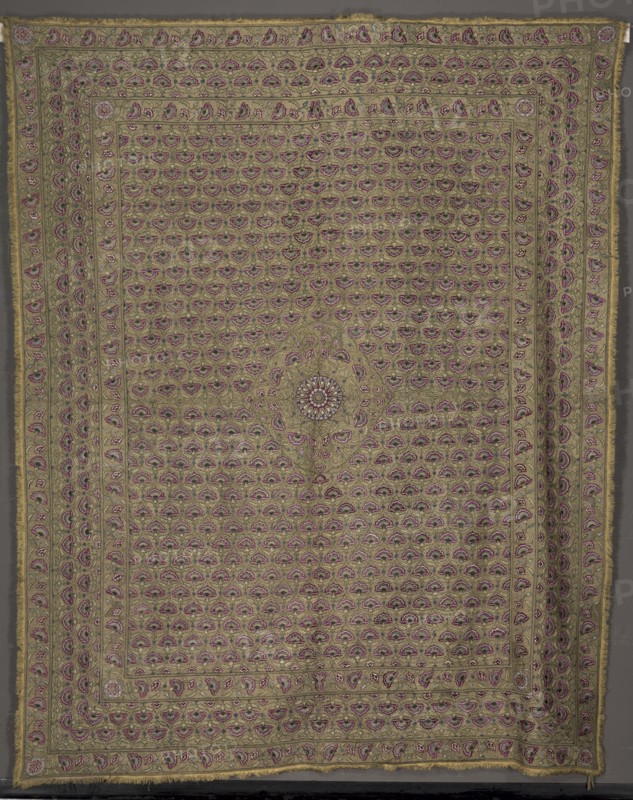 Bed Cover (?), 1800s. India, Delhi ?, 19th century. Embroidery; silk and gold filé on linen; overall: 306.7 x 245.8 cm (120 3/4 x 96 3/4 in.)
