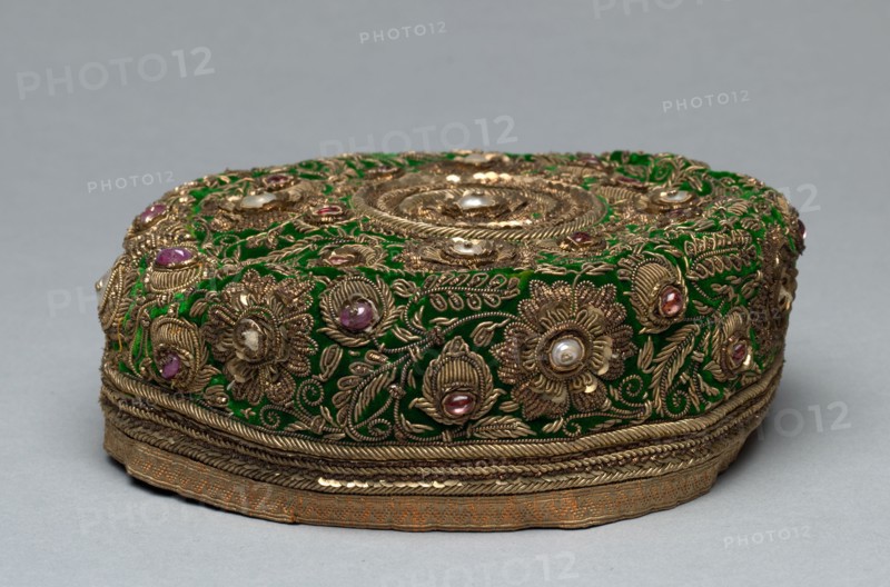 Man's Cap, 1800s. India, 19th century. Embroidery; velvet decorated with gold thread, pearls and cornelians (?); overall: 6 x 16 x 15.5 cm (2 3/8 x 6 5/16 x 6 1/8 in.)