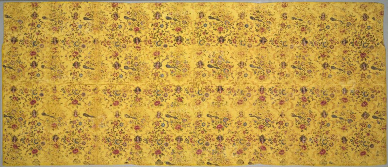 Wall cover with flora, peacocks, and portrait medallions, 1800s. Iran, Qajar period. Taffeta, hand-painted, block-printed: silk and pigments; overall: 82.6 x 194.3 cm (32 1/2 x 76 1/2 in.)