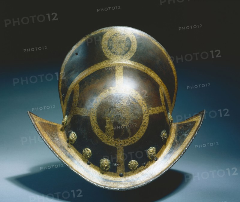 Morion of the State Guard of Elector Christian I of Saxony, c. 1580-1591. Germany, Nuremberg, 16th century. Russet steel, etched and gilded; overall: 33.3 x 27 x 23.5 cm (13 1/8 x 10 5/8 x 9 1/4 in.).