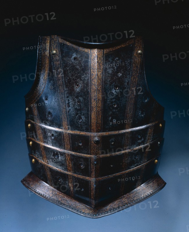 Breastplate from Hussar's Cuirass, c. 1580. Germany, Augsburg or Hungary, 16th century. Steel (originally blued, now russet), etched and gilded strapwork bands; ; overall: 42.3 x 35 cm (16 5/8 x 13 3/4 in.)