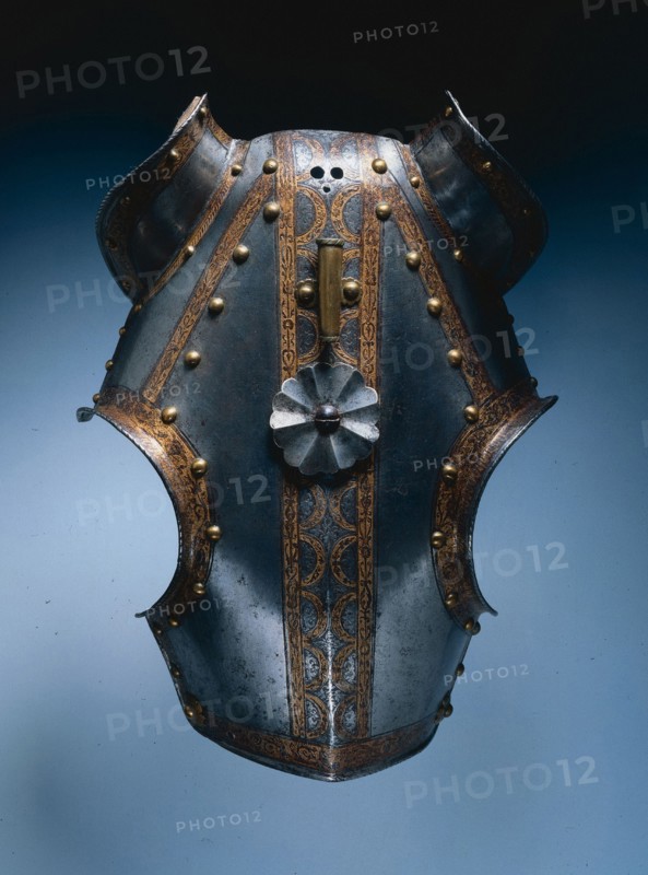 Demi-Chanfron, c. 1550. Germany, Augsburg, 16th century. Steel, etched and gilded; leather; overall: 6.8 x 24.5 cm (2 11/16 x 9 5/8 in.).