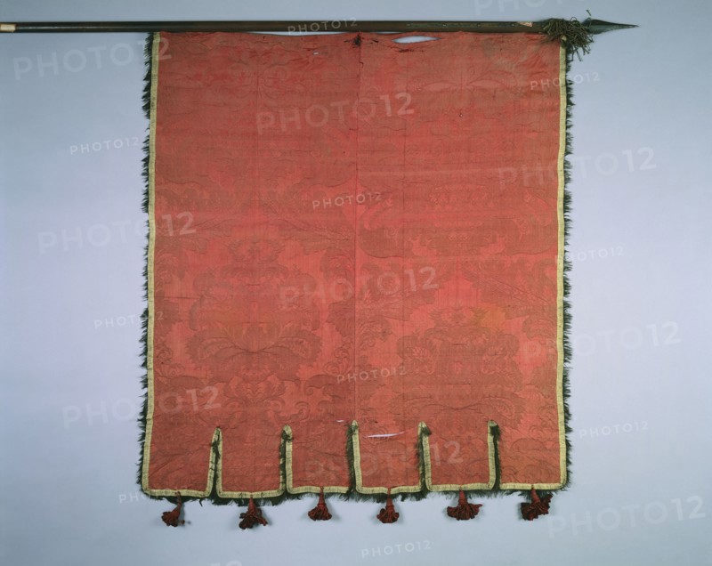 Banner, 1700s. Spain, 18th century. Crimson silk brocade; scalloped border with fringe; overall: 124.5 x 108 cm (49 x 42 1/2 in.)