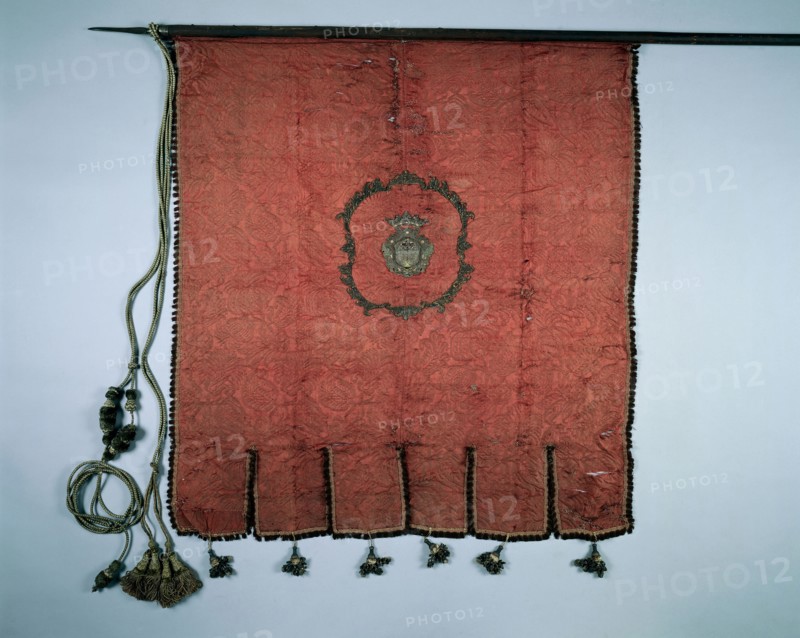 Banner, 1700s. Spain, 18th century. Crimson silk brocade, with applied embroidery; scalloped border with fringe and tassels; overall: 114.2 x 107.9 cm (44 15/16 x 42 1/2 in.)