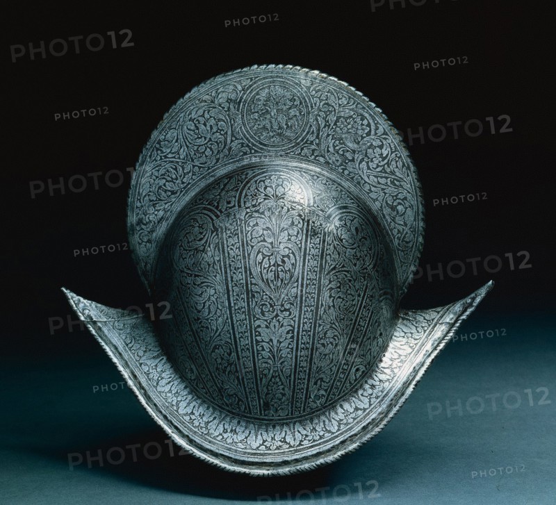 Morion, c. 1575-1600. North Italy, late 16th Century. Steel with etched floral motif and medallion (on comb) with boar under oak tree; overall: 39 x 23.5 x 33 cm (15 3/8 x 9 1/4 x 13 in.).