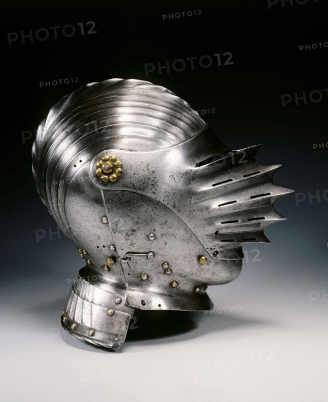 Close Helmet in Maximilian Style, c. 1520. Germany, 16th century. Steel and brass; overall: 30.5 x 21.8 x 32 cm (12 x 8 9/16 x 12 5/8 in.).