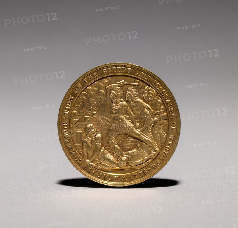 Medal: In Commemoration of the Battle and Massacre of Wyoming, 3 July 1778 (obverse), 1878. America, 18th century. Gilt bronze; diameter: 3.7 cm (1 7/16 in.).