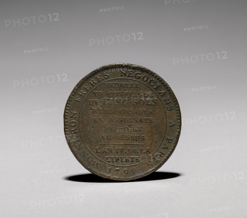 Medal:  Five Sols issued by Monneron Brothers, Paris, 1792 (reverse). Jules Dupré (French, 1811-1889). Bronze; diameter: 3.9 cm (1 9/16 in.).