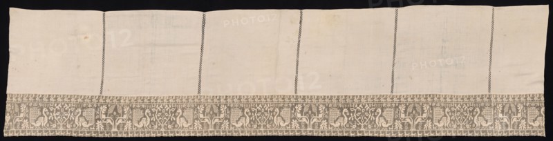 Cloth with Border of Peacocks and Vegetation, 17th-18th century. Italy, 17th-18th century. Plain weave linen with needle lace, burato (twined ground and darned in one direction); bleached linen (est.); overall: 80.3 x 334.3 cm (31 5/8 x 131 5/8 in.)