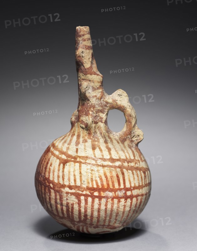 Jug, c. 1725-1600 BC. Cyprus, Middle Cypriot III. White painted ware; diameter: 7 cm (2 3/4 in.); overall: 16.5 cm (6 1/2 in.).