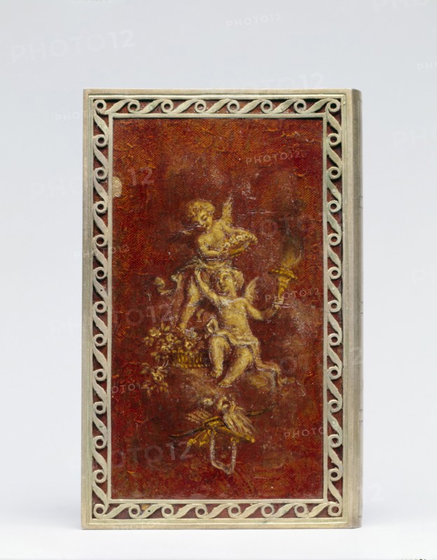 Box in the Form of a Book, 1800s. France, 19th century. Brass with painted (lacquered ?) decorations; remains of gilding, especially inside; overall: 9.6 x 6.4 x 1.6 cm (3 3/4 x 2 1/2 x 5/8 in.).
