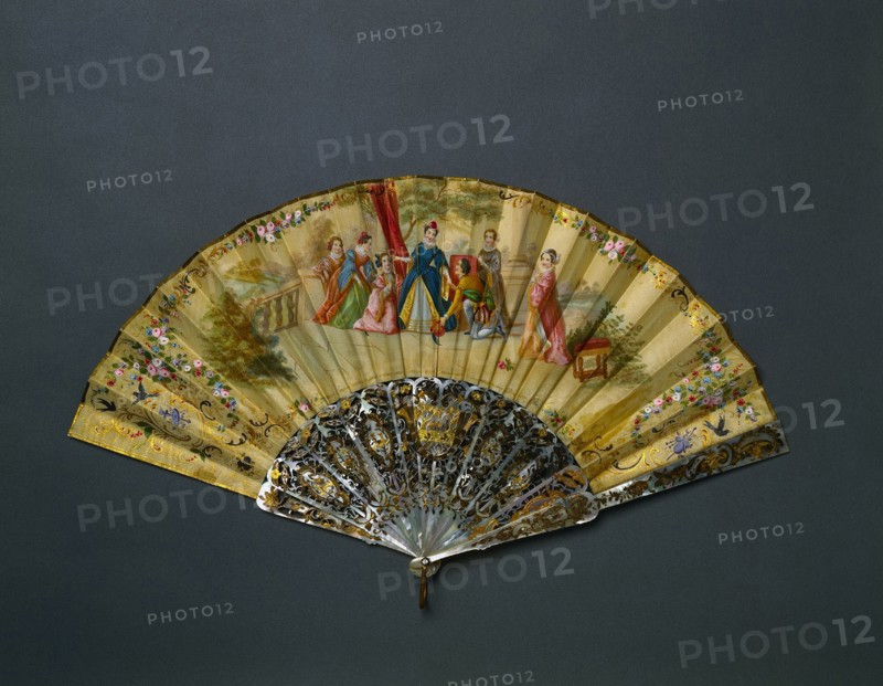 Fan, c. 1840. France (?). Carved and gilded pearl sticks, gouache on silk leaf; radius: 25.7 cm (10 1/8 in.); spread: 50.2 cm (19 3/4 in.).