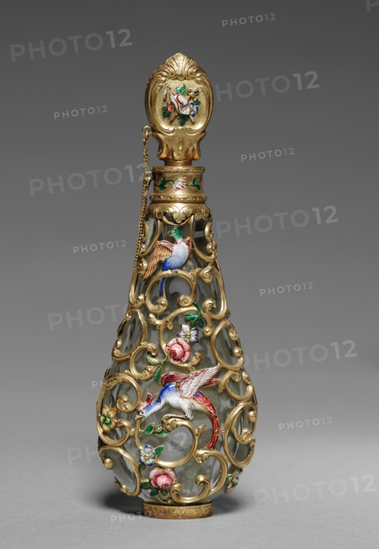 Scent Bottle, mid-1800s. France, mid-19th century. Glass with gold and enamel; overall: 12.1 x 4.4 x 2.5 cm (4 3/4 x 1 3/4 x 1 in.).