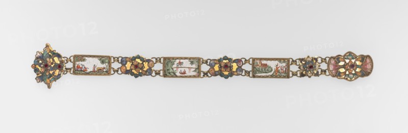Belt, 1700s. Netherlands, early 18th century. Enamel on copper with gilt metal mounts and cloisonné medallions; overall: 55.9 cm (22 in.).