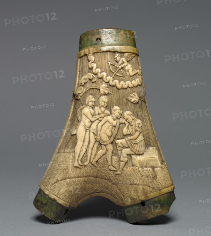 Powder Flask, c. 1550-1580. Austria (?) or Germany, 16th century. Staghorn (two branches) with carved relief scene of the Judgement of Paris, mounts missing; overall: 17.8 x 13.4 cm (7 x 5 1/4 in.).