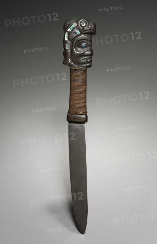 Fighting Knife, late 1800s-early 1900s. Northwest Coast, Tlingit, 19th century. Steel. leather, cord, and horn inlaid with abalone shell; overall: 2.5 x 6 cm (1 x 2 3/8 in.); blade: 21 cm (8 1/4 in.).