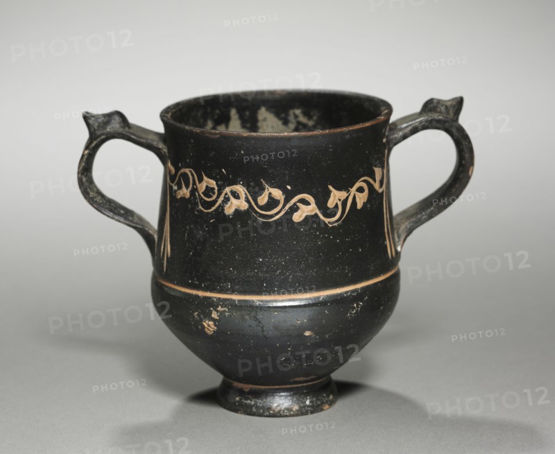Kantharos, 300-200s BC. Greece, 4th-3rd Century BC. Black-glazed earthenware; overall: 9.3 cm (3 11/16 in.).