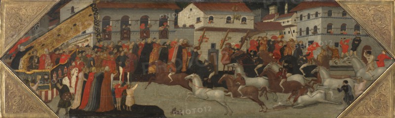 Panel from a Cassone: The Race of the Palio in the Streets of Florence, 1418. Giovanni Francesco Toscani (Italian, c. 1380-1430). Tempera and gold on wood; framed: 46.5 x 143.5 x 7 cm (18 5/16 x 56 1/2 x 2 3/4 in.); unframed: 42.1 x 139.5 cm (16 9/16 x 54 15/16 in.).