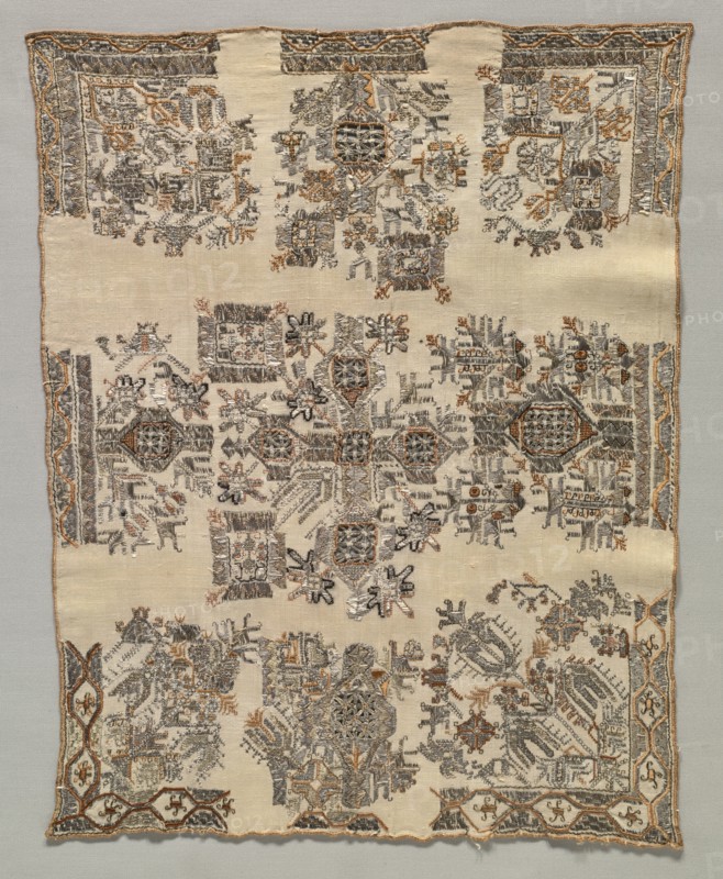 Kerchief, late 1800s. Greece, Northern Islands, Chios ?, late 19th century. Embroidery, silk and metallic threads, on silk tabby ground; overall: 43.8 x 35.9 cm (17 1/4 x 14 1/8 in.)