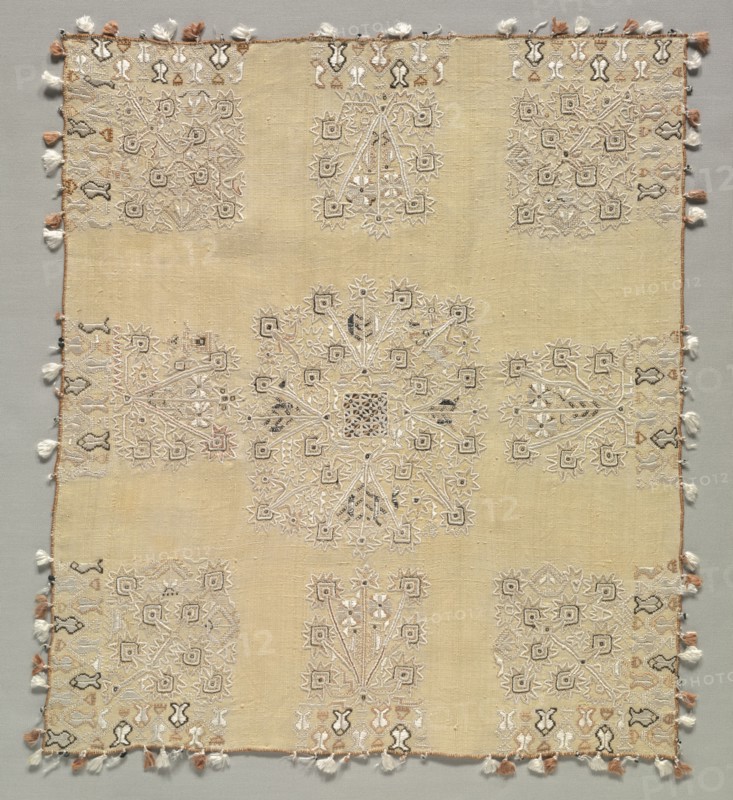 Kerchief, late 1800s. Greece, Northern Islands, Chios ?, late 19th century. Embroidery, silk and metallic threads, on silk tabby ground; overall: 43.2 x 37.5 cm (17 x 14 3/4 in.).