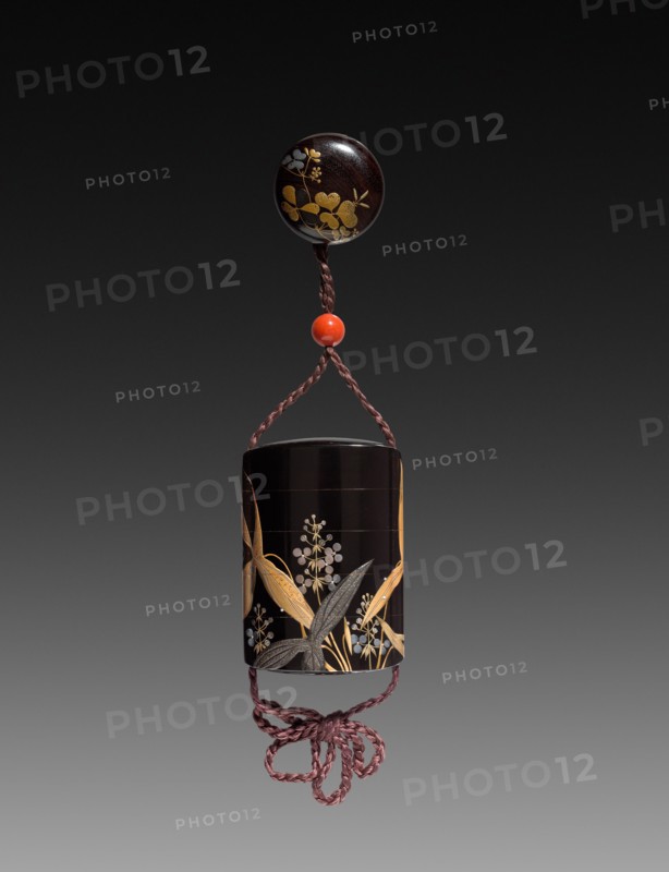 Inro, Ojime, Netsuke, later 1800s. Shibata Zeshin (Japanese, 1807-1891). Lacquer with  sprinkled gold, silver, and mother-of-pearl design, coral, and wood; overall: 8 x 5.3 cm (3 1/8 x 2 1/16 in.).