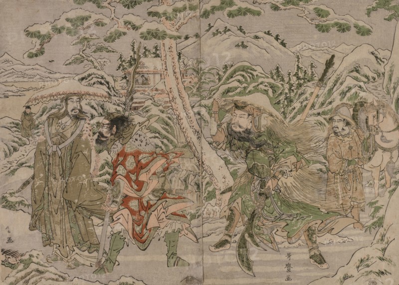 Winter Scene from the Romance of the Three Kingdoms, c. 1790. Kitagawa Utamaro (Japanese, 1753?-1806). Color woodblock print; overall: 32.8 x 22.6 cm (12 15/16 x 8 7/8 in.).