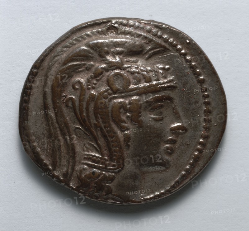 Tetradrachm: Head of Athena Parthenos (obverse), 150-100 BC. Greece, 2nd century BC. Silver; diameter: 2.2 cm (7/8 in.).