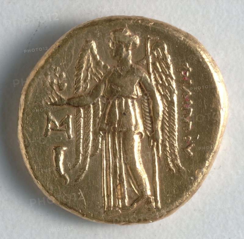 Stater: Nike (reverse), 323-317 BC. Egypt, Ptolemy I for Philip III Arrhidaeus, reign of Philip III Arrhidaeus. Gold; overall: 2.8 cm (1 1/8 in.).