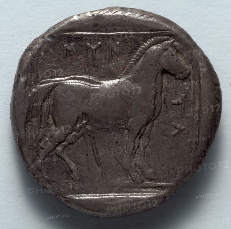 Stater: Free Horse (reverse), 389-369 BC. Greece, Macedonia, Amyntas III. Silver; diameter: 2.1 cm (13/16 in.).