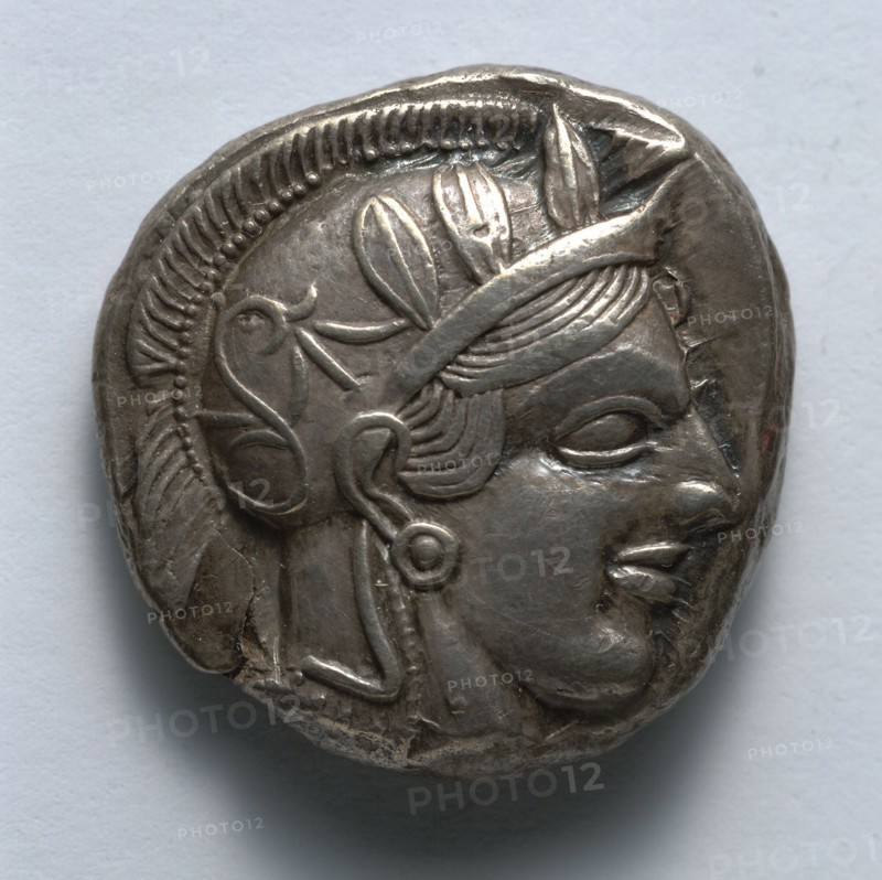 Stater: Archaic Head of Athena (obverse), 514-407 BC. Greece, Athens, late 6th-early 4th century BC. Silver; diameter: 2.3 cm (7/8 in.).