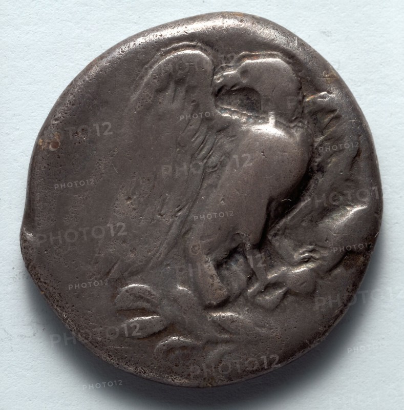 Stater: Eagle with Spread Wings on Olive Branch  (obverse), 471-421 BC. Greece, Elis for Olympic Festivals, 5th century BC. Silver; diameter: 2.6 cm (1 in.).