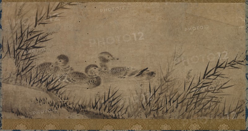 Ducks and Reeds, 17th century. Japan, Kano  School, Momoyama (1573-1615)- Edo (1615-1868) periods. Hanging scroll; black and white on paper; including mounting: 19.2 x 39.1 cm (7 9/16 x 15 3/8 in.).