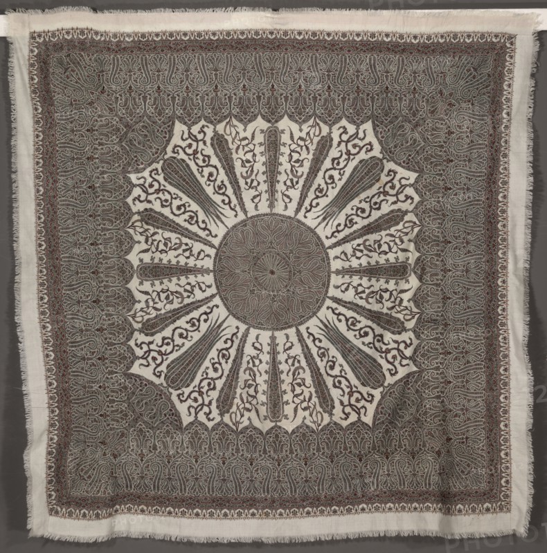 Square Shawl, 1880s. India, Kashmir, late 19th century. Twill tapestry and embroidery; large pieced areas: wool; overall: 189.9 x 189.9 cm (74 3/4 x 74 3/4 in.).