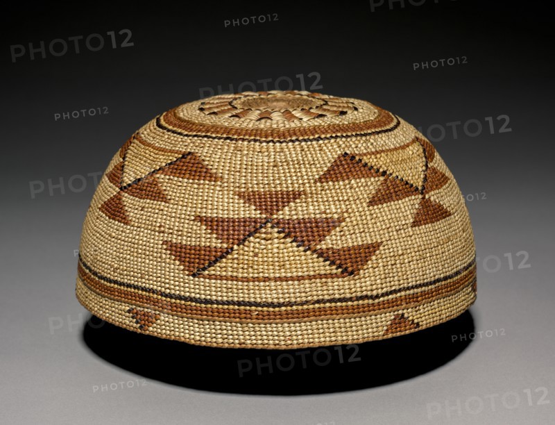 Hat, c  1875-1917. California, late 19th- early 20th century. Plain-twined hazel with decoration in beargrass; diameter: 9 x 18 cm (3 9/16 x 7 1/16 in.).