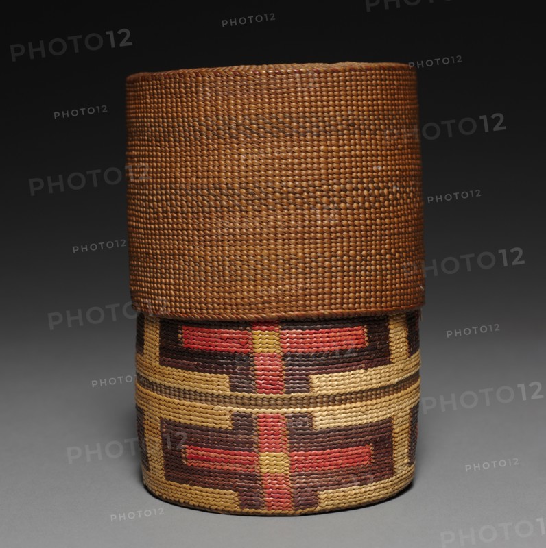 Telescoping basket, 1800's. Northwest Coast, Tlingit, 19th century. Twined spruce root with grass false embroidery; overall: 8 x 9.8 cm (3 1/8 x 3 7/8 in.).